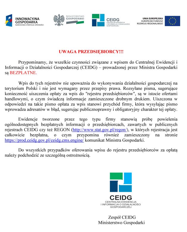 Komunikat CEIDG o na temat otrzymywania od firm komercyjnych pism z żądaniem wpłaty kwot za dokonanie wpisu do ich rejestrów przedsiębiorców