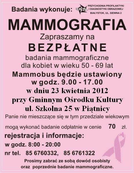 Plakat inforujący o bezpłatnym badaniu mammograficznym 23.04.2012 od godziny 9 przy Gminnym Ośrodku Kultury