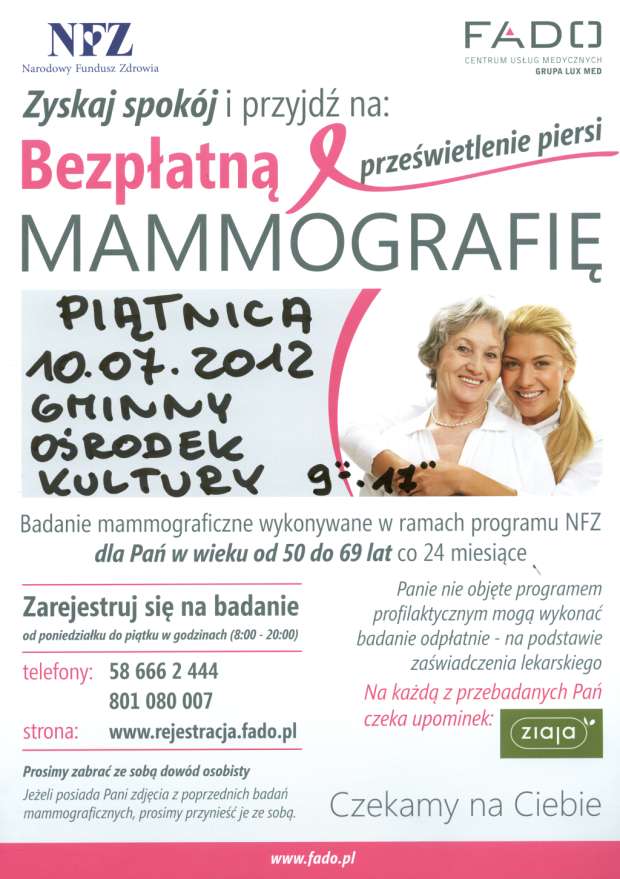 plakat informujący o bezpłatnym badaniu mammograficznym 10.07.2012 w GOK