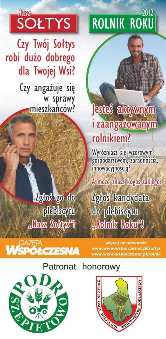 Plakat informujący o plebiscycie na Rolnika Roku 2012 oraz Nasz Sołtys