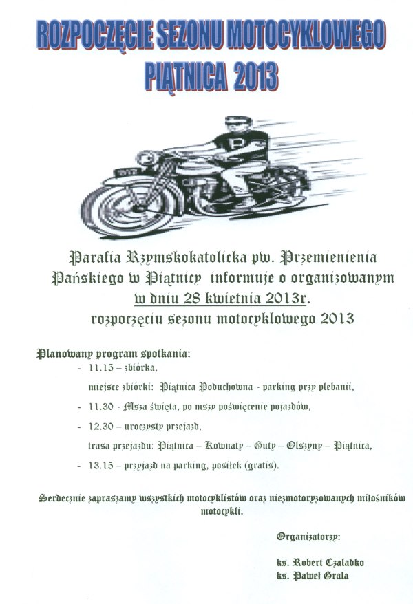 Plakat Otwarcie sezonu motocyklowego - Piątnica 2013 - 28 kwietnia 2013