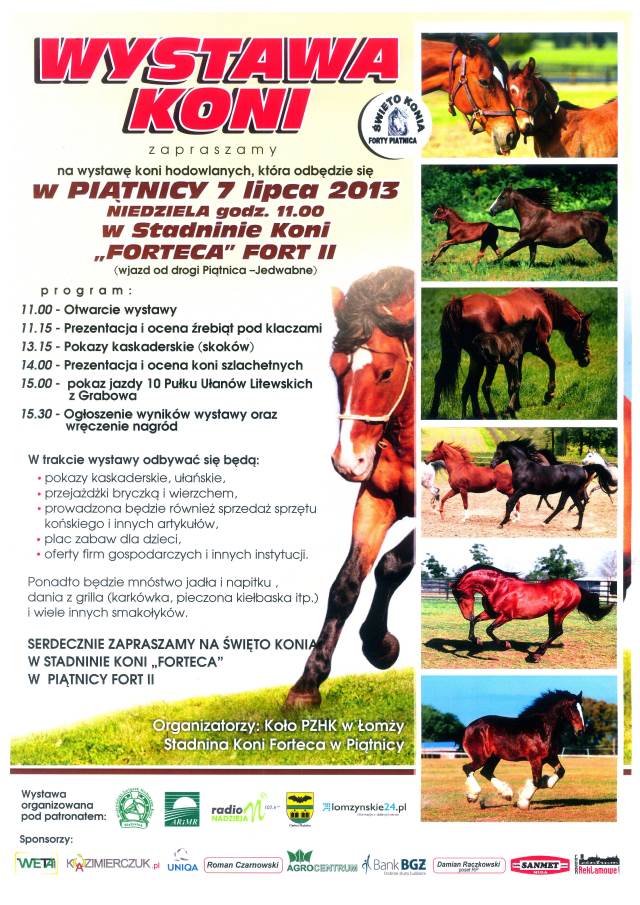 Plakat - Wystawa koni w Piątnicy dnia 7 lipca 2013