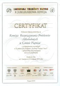 Certyfikat za udział z podziękowaniem dla Gminnej Komisji