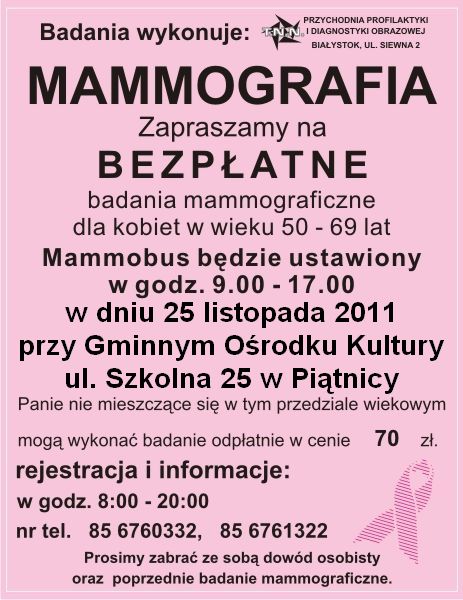 Plakat informujący o darmowej mammografii w dniu 25.11.2011 przy Gminnym Ośrodku Kultury