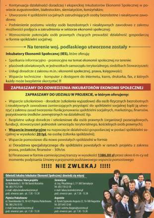 Plakat informujący o możliwości wsparcia przy tworzeniu spółdzielni socjalnych Strona 2 (kliknij aby powiększyć obrazek)